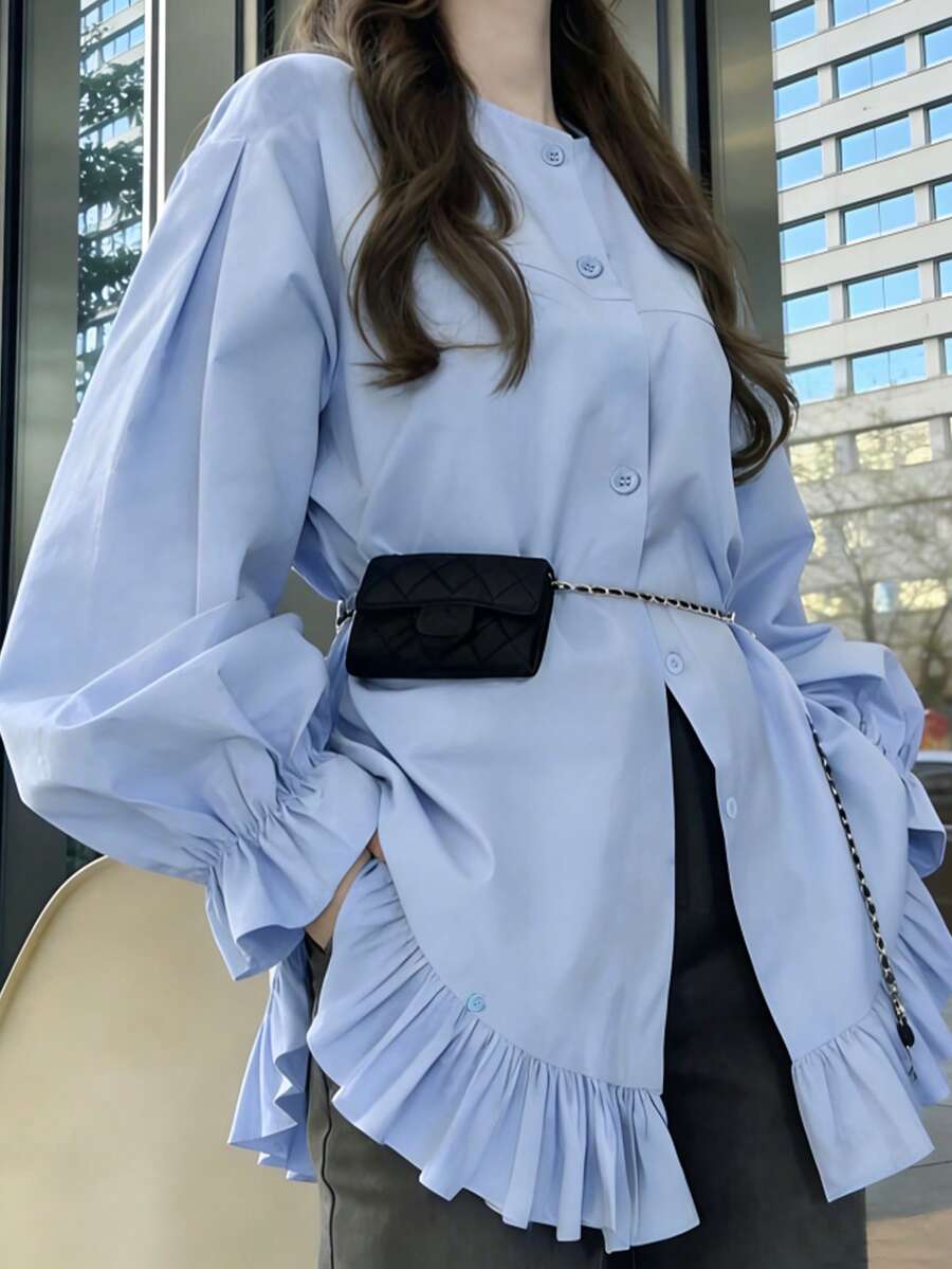 FRIFUL Women's Solid Color Minimalist Long Sleeve Shirt, Casual Everyday Wear - Blue - View 1