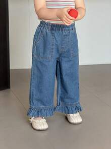 DAZY 女婴休闲日常通勤时尚撞色蕾丝弹力腰荷叶边宽松阔腿牛仔裤幼儿女童服装 - 深色水洗藍 - 查看 4