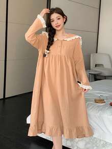 DAZY Sweet Polka Dot Chiffon Fabric Contrast Ruffle Trim Loose Fit Navy Collar Women Nightgown - Khaki - View 8