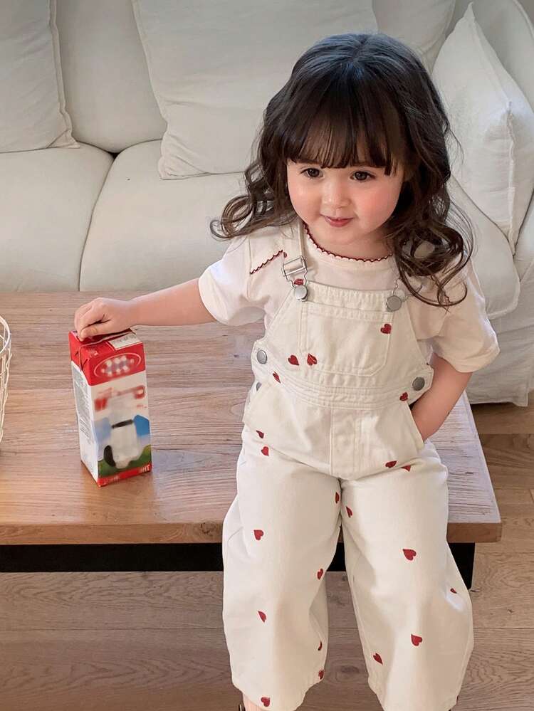 Infant/Toddler Girls' Heart Print Denim Bib Jumpsuit, Korean Style