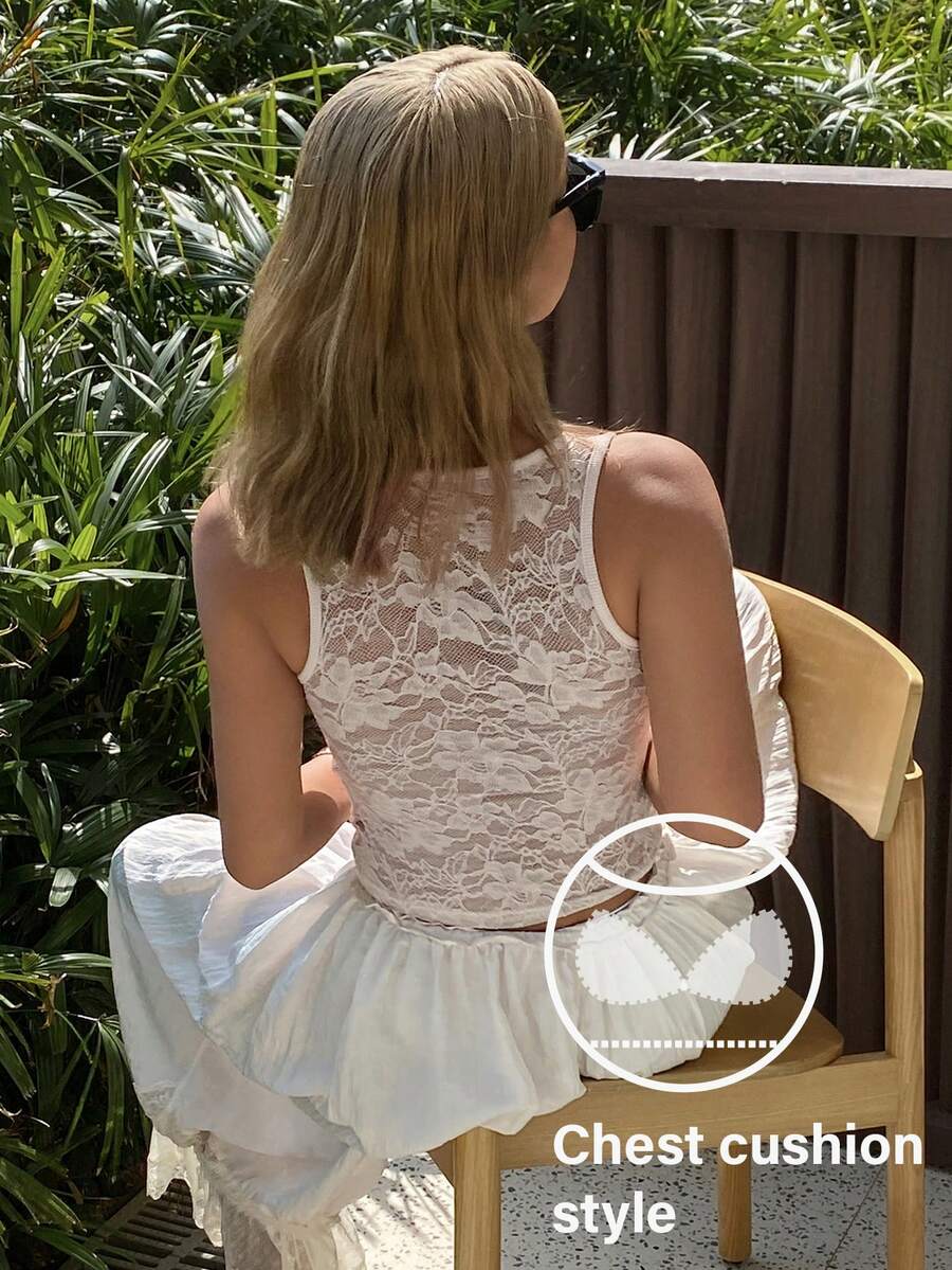 DAZY Women's Lace Patchwork Sheer Back Camisole With Built-In Padded Bra - Apricot - View 1