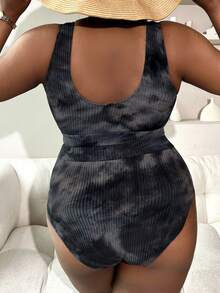 SHEIN Slayr CURVE 大码女式两件套扎染印花吊带泳衣，时尚休闲度假装 - 黑色 - 查看 2