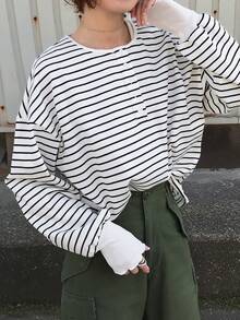FRIFUL Women's Striped 100% Cotton Round Neck Dropped Shoulder Long Sleeve Ribbed Cuff & Hem Button-Up Loose Casual Versatile T-Shirt