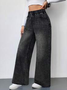 SHEIN Tall 女士休闲高腰阔腿牛仔裤 蓝色女士牛仔裤 女士夏季服装 松紧腰牛仔裤 休闲宽松直筒牛仔裤 - 淺灰色 - 查看 4