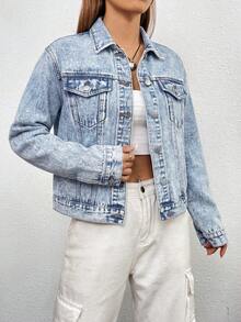 SHEIN ICON 女士休闲日常水洗前扣牛仔夹克 - 淺色水洗藍 - 查看 5