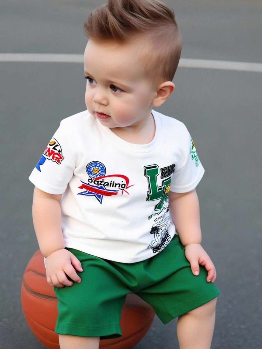 SHEIN Playful Pals Bộ áo thun ngắn tay cổ tròn thời trang và thoải mái cho bé trai, thiết kế in hình đồ họa thể thao ngộ nghĩnh và khẩu hiệu tiếng Anh cá tính, áo thun cổ tròn dáng rộng, trang phục mùa xuân/hè, phong cách đường phố, trang phục thường ngày, dã ngoại, đi học, dự tiệc, quà tặng. - Nhiều màu - Xem 1