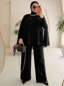 Dazy Plus Pearl Decor Chiffon Long Sleeve Black Blouse For Party - Black - View 7