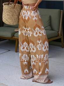 DAZY Floral Print Loose Wide Leg Pants, Casual Vacation Wear For Women, Spring/Autumn Boho Beach Tie Dye - Brown - View 2