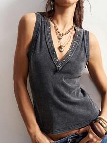 Bohemela Áo vest dệt kim ôm dáng cổ chữ V màu trơn dành cho nữ, kiểu dáng thường ngày. - Xám - Xem 7