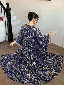 DAZY Women's Regular Jacket With Metallic Gold, Flared Sleeves, Fringes, 3/4 Sleeve Robe Dress - Royal Blue - View 2