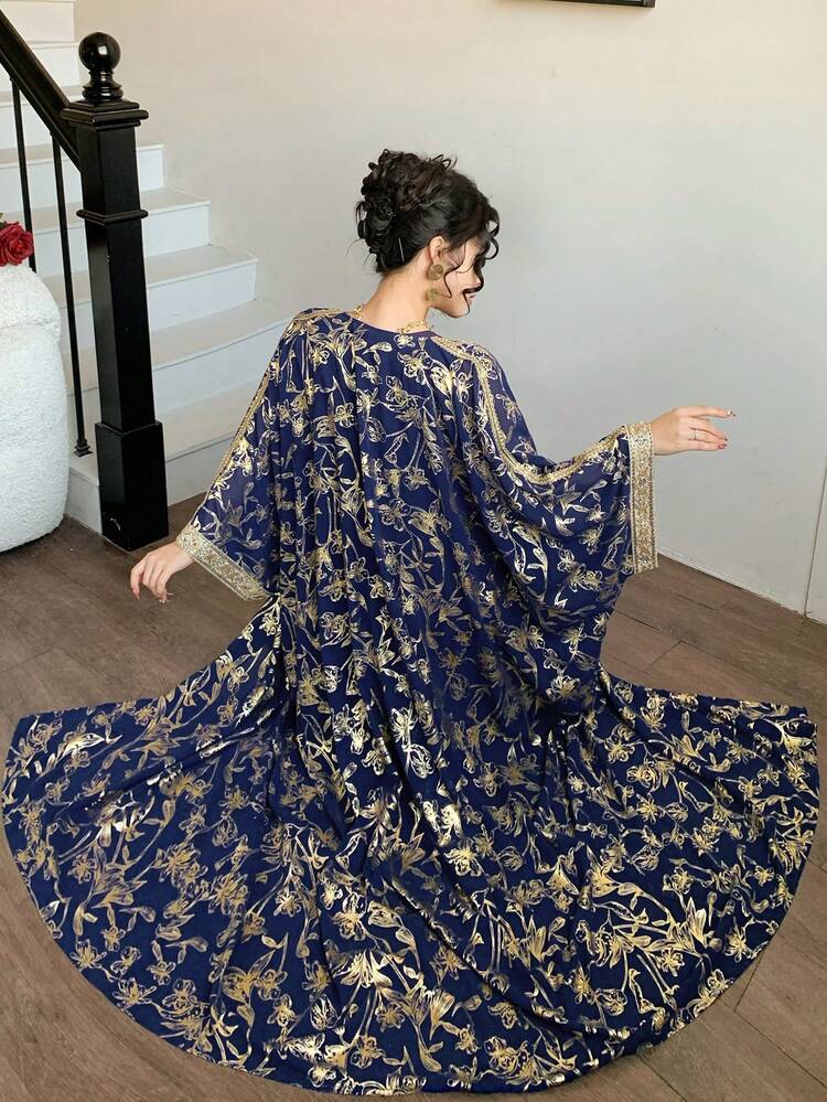 Women's Regular Jacket With Metallic Gold, Flared Sleeves, Fringes, 3/4 Sleeve Robe Dress