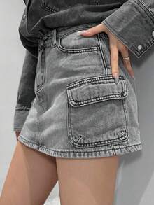 DAZY 时尚百搭工装口袋水洗牛仔迷你裙，女士款 - 灰色 - 查看 5