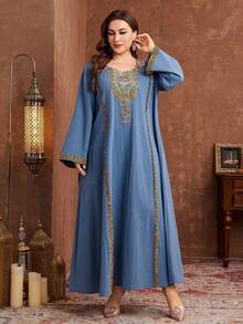 Al Najma Áo tunic Thổ Nhĩ Kỳ và Abaya truyền thống Ả Rập dành cho nữ, màu trơn, cổ thêu, tay dài, dáng rộng, phù hợp cho mùa xuân/thu, cỡ lớn. - Nhiều màu - Xem 4