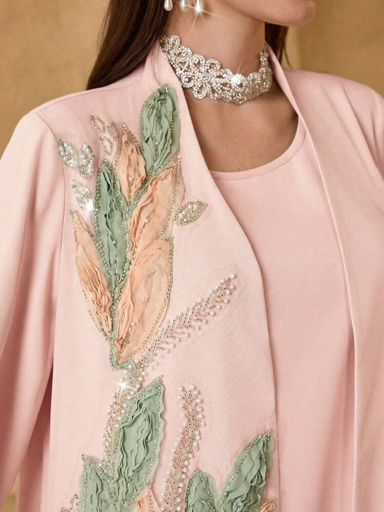 SHEIN Najma Customized Embellished Patchwork Women Loose Fashion Elegant 2 Pieces Set - Pink - View 4