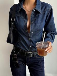 DAZY Women's Collared Cinched Waist Fitted Casual Denim Jacket