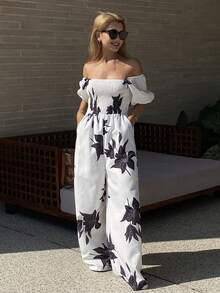 Livesso Women's Spring/Summer White Straight Leg Pants With Black Embroidered Music Festival, Valentine's Day, Wedding, Casual, Beach, Commute Elegant Short Sleeve Jumpsuit - White - View 1