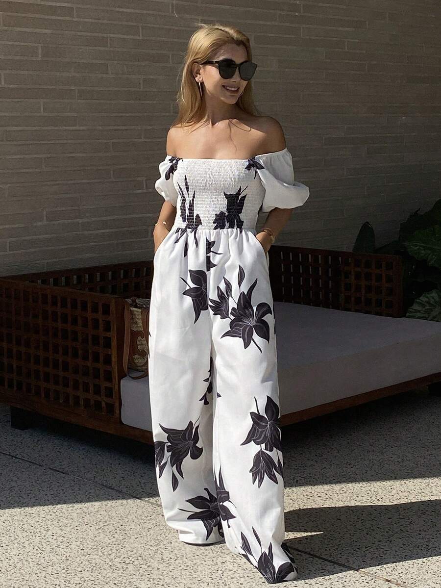 Livesso Women's Spring/Summer White Straight Leg Pants With Black Embroidered Music Festival, Valentine's Day, Wedding, Casual, Beach, Commute Elegant Short Sleeve Jumpsuit - White - View 1