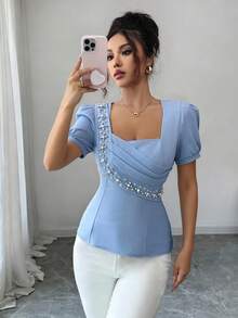 SHEIN Elenzya 不对称褶皱腰身珍珠装饰优雅浪漫女式衬衫 - 淺藍色 - 查看 4