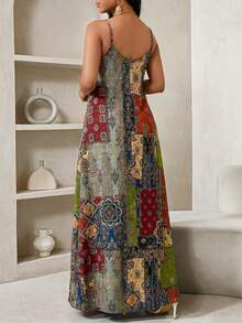 SHEIN Lady 大码女式撞色印花休闲度假吊带裙 - 彩色 - 查看 2