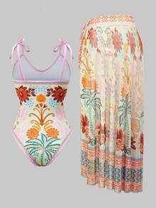 Swim Oasis 26SS 春夏度假沙滩棕榈树花卉图案印花连体泳衣配同款半身裙 - 彩色 - 查看 2