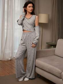 DAZY 3件套心形图案印花撞色滚边针织女式睡衣套装 - 灰色 - 查看 6