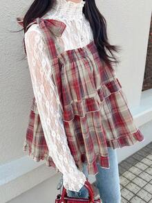 FRIFUL 女士格子棉质吊带背心，肩部系带蝴蝶结，A字下摆和荷叶边装饰，宽松休闲百搭背心 - 彩色 - 查看 7