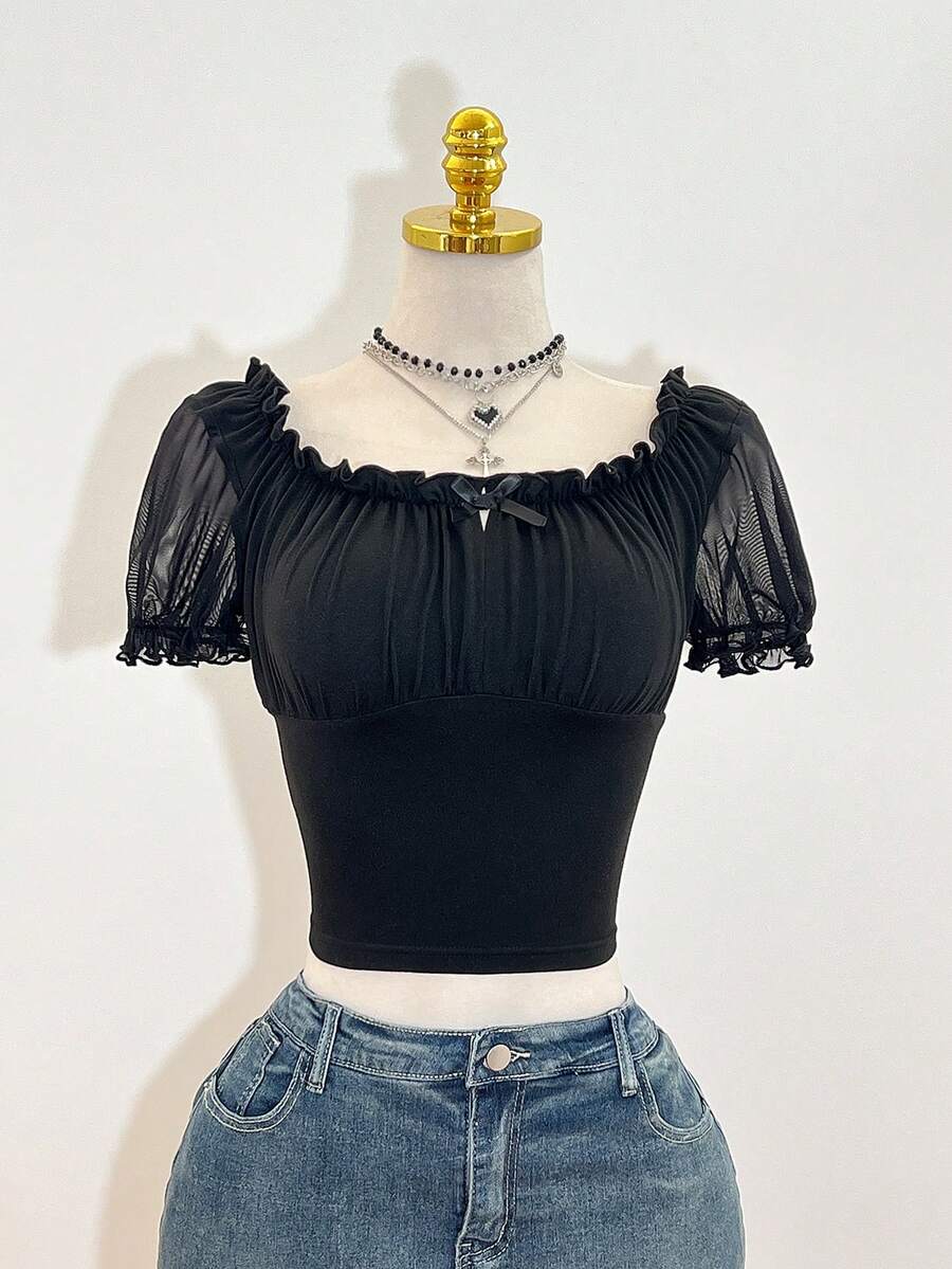 SHEIN PETITE Petite Women's Square Neck Double Layer Mesh Patchwork Elastic Waist Fitted Casual T-Shirt - Black - View 1