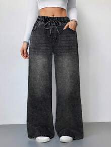 SHEIN Tall 女士休闲高腰阔腿牛仔裤 蓝色女士牛仔裤 女士夏季服装 松紧腰牛仔裤 休闲宽松直筒牛仔裤 - 淺灰色 - 查看 6