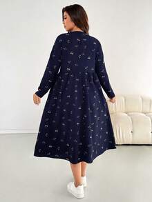 Shapeblank 大码女装秋冬时尚休闲宽松舒适日常黑色碎花长袖中长连衣裙，带口袋，秋季穿搭，秋季连衣裙 - 藏蓝色 - 查看 2