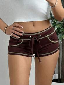 SHEIN EZwear Women's Colorblock Drawstring Super Short Shorts With Contrast Stitching, Brown Shorts - Brown - View 3