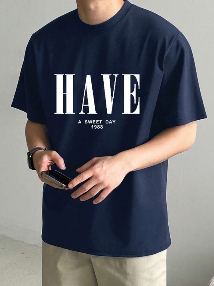 Men's Letter Print Short Sleeve T-Shirt, Navy Blue, Summer