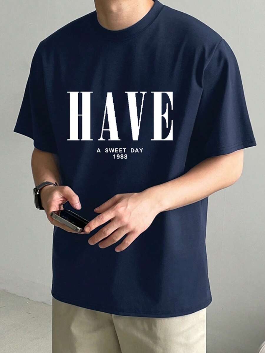DAZY Men's Letter Print Short Sleeve T-Shirt, Navy Blue, Summer - Navy Blue - View 1