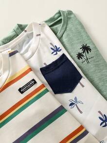 SHEIN 6件套男婴夏季休闲度假热带植物条纹上衣T恤搭配同款短裤基础套装，适合夏季外出穿着 - 彩色 - 查看 6