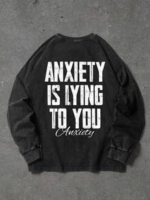 GENIUS ODE 男士休闲字母数字印花圆领长袖T恤 - 黑色 - 查看 2