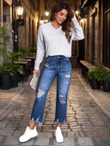 Ripped Jeans With Mom Fit, Comfortable, With Ripped Details, Zipper Closure And Practical Pockets. Informal Cut - 2063 - 查看 4