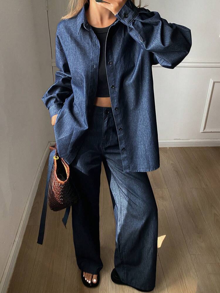 Women's Lapel Long Sleeve Loose Waist Belt Denim Shirt And Relaxed Straight Casual Denim Suit