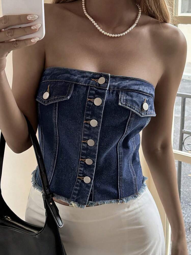 Women's Cropped Denim Vest With Large Pockets, Casual Street Style Outerwear For Spring And Summer Y2k Tube Top