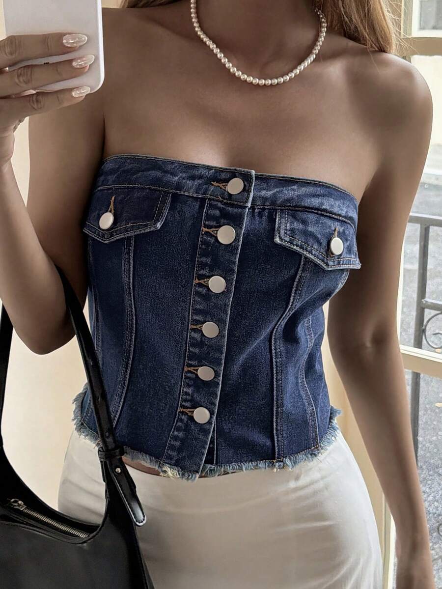 Livesso 女士短款牛仔背心，带大口袋，休闲街头风外套，适合春夏穿着，Y2K风格抹胸上衣 - 藍色 - 查看 1