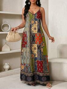 SHEIN Lady 大码女式撞色印花休闲度假吊带裙 - 彩色 - 查看 4