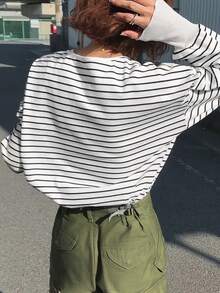 FRIFUL Women's Striped 100% Cotton Round Neck Dropped Shoulder Long Sleeve Ribbed Cuff & Hem Button-Up Loose Casual Versatile T-Shirt