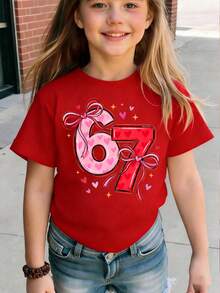 SHEIN GraphicGems Spring & Summer Tween Girl Casual Fashionable Creative Personalized Fresh Chic Minimalist Heart Floral Numeric 67 Heart Star Bow Graphic Letter Slogan Print Relaxed Basic Short T-Shirt, Comfortable Daily Wear, Cozy Summer & Fall Styles Suitable For Spring, Summer, Autumn - Red - View 8
