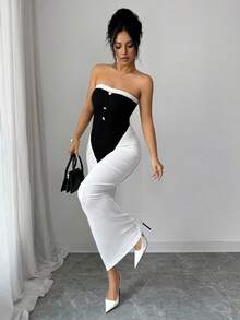 Elenzga Spring/Summer New Backless Tube Pearl Button Design Splicing Contrast Color Pleated Waist Bodycon Casual Sexy Elegant Lady Dress - Black and White - View 4