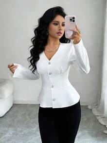 Elenzga Women's V-Neck Long Sleeve Blouse, Slimming Silhouette, Casual Office Wear, White, Suitable For Autumn, Winter, Spring - White - View 1