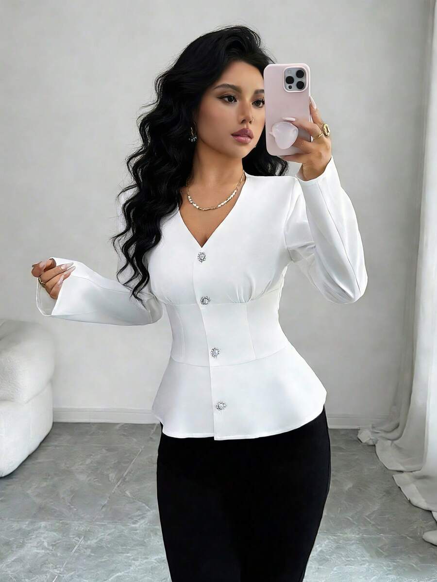 Elenzga Women's V-Neck Long Sleeve Blouse, Slimming Silhouette, Casual Office Wear, White, Suitable For Autumn, Winter, Spring - White - View 1