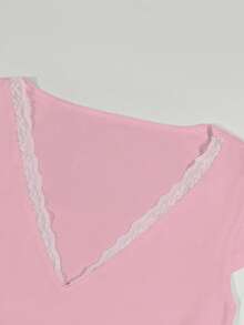 SHEIN SXY Women's Lace Panel V-Neck Puff Sleeve Fitted Casual T-Shirt - Pink - View 3