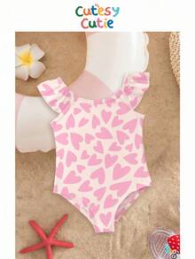 SHEIN Cream Ruffle & Glitter Pink, Cute Heart Toast Texture Print, Baby Girls Casual Minimalist Fitted One-Piece Swimsuit, Suitable For Summer - Multicolor - View 3