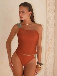 Swim Chiccia 女士纯色吊带背心 2026 春假穿搭 夏季海滩度假装扮 橙色泳装 女士单肩泳装 橙色比基尼套装 单肩比基尼 女士橙色泳装 - 棕色 - 查看 4