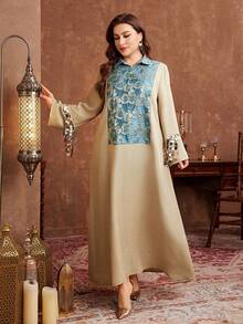 Al Najma Robe ample pour femmes grandes tailles, couleur unie, patchwork floral, manches longues, poignets ornés de perles, style décontracté, printemps/automne - Multicolore - Voir 5