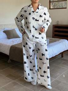 Dazy Plus 两件套卡通碎花宽松睡衣套装，包含长款上衣和长裤，春夏款 - 白色 - 查看 3