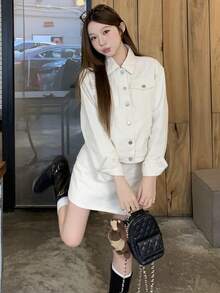 DAZY Women's Casual Solid Color Pocket Jacket And Denim Skirt 2-Piece Set, Spring/Autumn - Beige - View 9